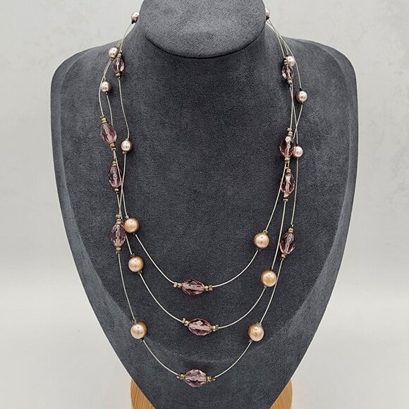 Elegant Triple-Strand Necklace With Purple Faceted Beads & Bronze Pearls - Picture 1 of 4